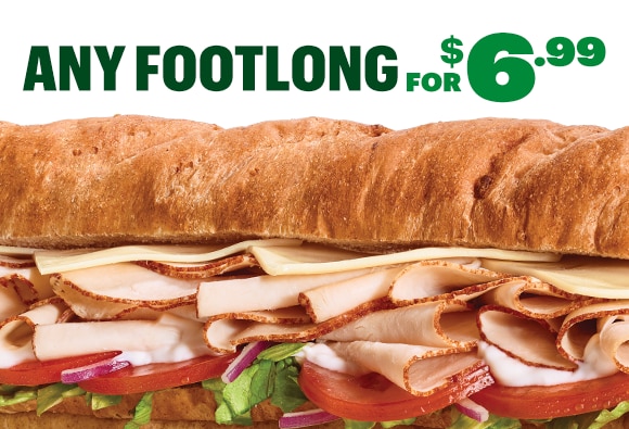 Closeup of an Oven-Roasted Turkey sub. Any Footlong for $6.99.